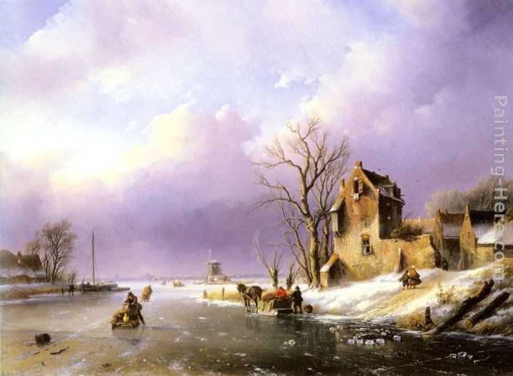 Jan Jacob Coenraad Spohler Winter Landscape with Figures on a Frozen River